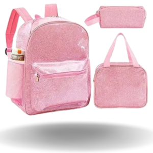 3 pcs glitter star backpack girls bookbag with lunch bag pencil case for students work travel stadium events (pink)